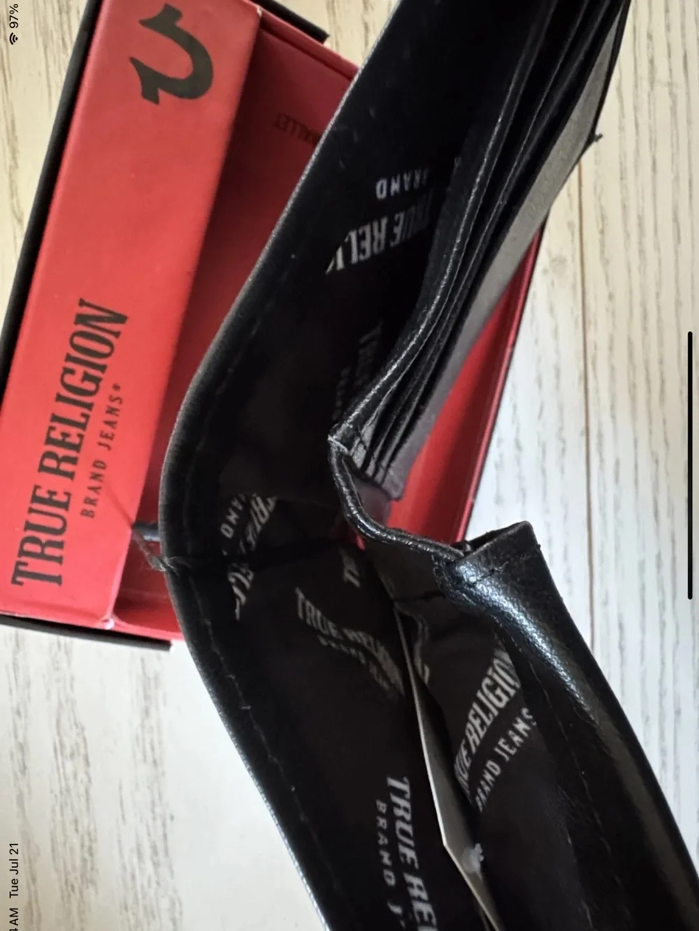 True Religion Black Leather Card Holder with Gold Horseshoe Accent